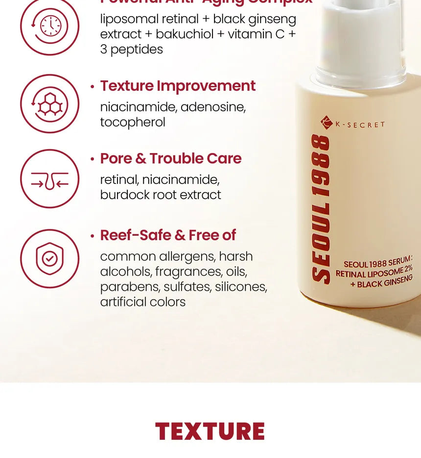 KSECRET – سيروم سيول 1988: ريتينال ليبوسوم 2% + الجنسنغ الأسود 30 مل | صنع في كوريا الجنوبية